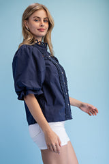 Preppy Trim Detail Button Down Blouse in Navy