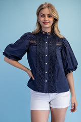 Preppy Trim Detail Button Down Blouse in Navy