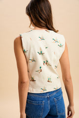 Mallard Duck Print Cotton Twill Button-down Vest