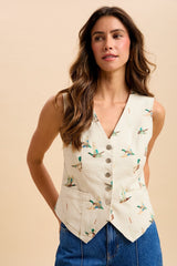 Mallard Duck Print Cotton Twill Button-down Vest