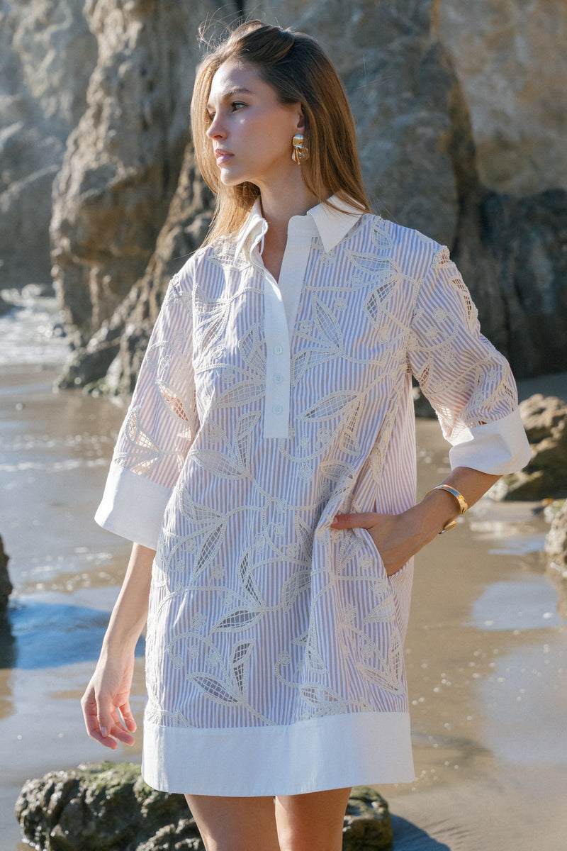 Floral Embroidery Contrast Shirt Dress Medium
