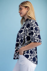 Navy Floral Stitched V Neck Blouse