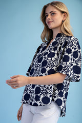 Navy Floral Stitched V Neck Blouse