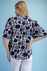 Navy Floral Stitched V Neck Blouse