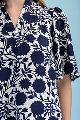 Navy Floral Stitched V Neck Blouse