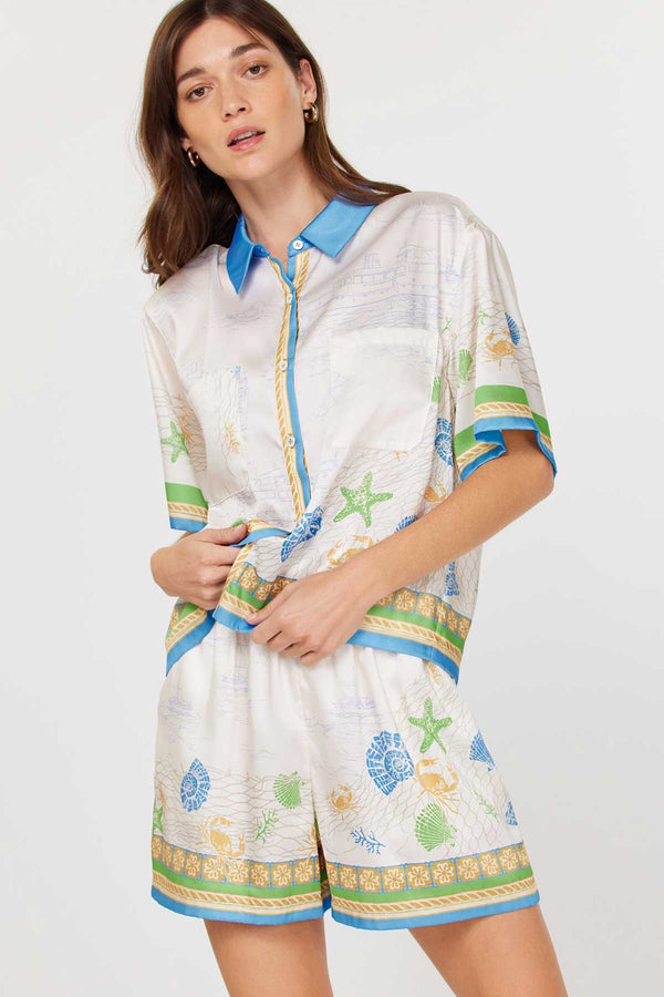 Coastal Print Button Down Short Set