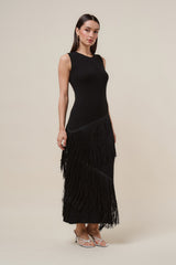 Black Asymmetric Fringe Maxi Dress