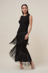 Black Asymmetric Fringe Maxi Dress