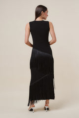 Black Asymmetric Fringe Maxi Dress