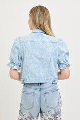 Puff Short Sleeve Floral Print Crop Light Denim Jacket