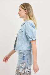 Puff Short Sleeve Floral Print Crop Light Denim Jacket