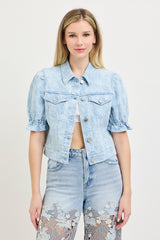 Puff Short Sleeve Floral Print Crop Light Denim Jacket