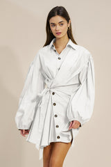 Collared Asymmetrical Button Down Mini Dress W/Long Sleeves