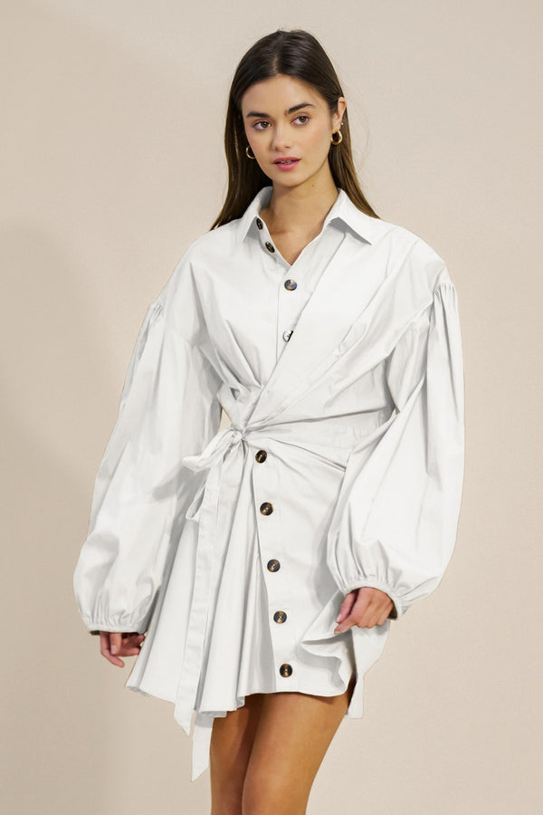 Collared Asymmetrical Button Down Mini Dress W/Long Sleeves Large