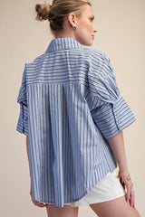 Blue Collar Neck Oversized Button Down Stripe Shirt