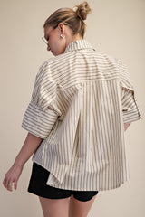 Taupe Collar Neck Oversized Button Down Stripe Shirt