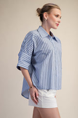 Blue Collar Neck Oversized Button Down Stripe Shirt