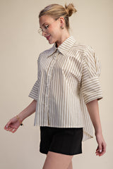 Taupe Collar Neck Oversized Button Down Stripe Shirt