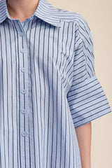 Blue Collar Neck Oversized Button Down Stripe Shirt