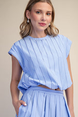 Round Neck Bubble Hem Stripe Crop Top Blue