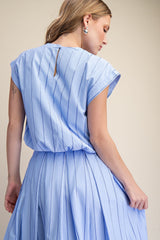 Round Neck Bubble Hem Stripe Crop Top Blue