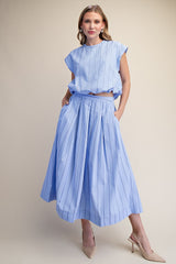 Pleated Flare Stripe Midi Skirt Blue