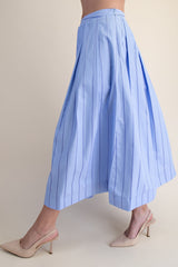 Pleated Flare Stripe Midi Skirt Blue