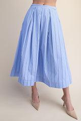 Pleated Flare Stripe Midi Skirt Blue