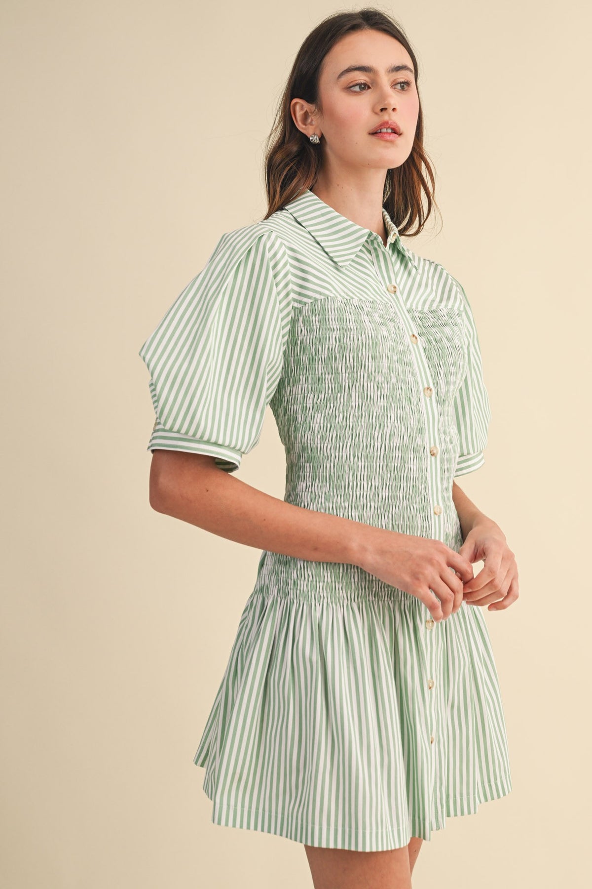 Tillie Sage and White Striped Smocked Bodice Mini Dress Small