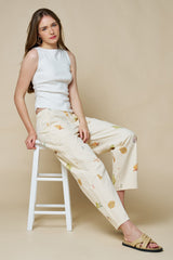 Seashell Beach Motif Print Barrel Denim Pants