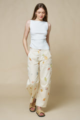 Seashell Beach Motif Print Barrel Denim Pants