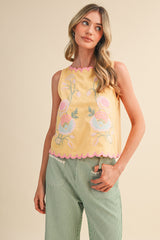 Weston Yellow Floral Embroidery Scalloped Tank Top