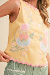 Weston Yellow Floral Embroidery Scalloped Tank Top