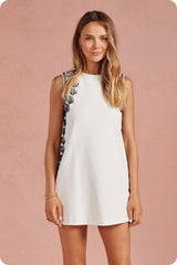 Embroidered Sleeveless Shift Mini Dress in White