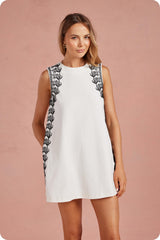 Embroidered Sleeveless Shift Mini Dress in White