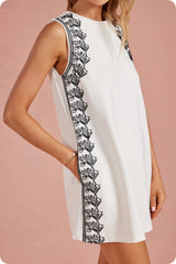 Embroidered Sleeveless Shift Mini Dress in White