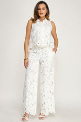 White Cut out Lace Pant Set