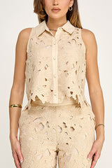 Natural Cut out Lace Pant Set
