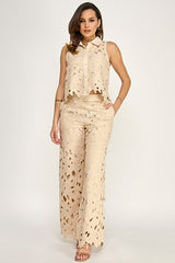 Natural Cut out Lace Pant Set
