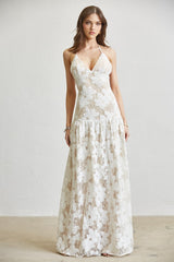 Shaggy Flower Lace Halter Maxi Dress