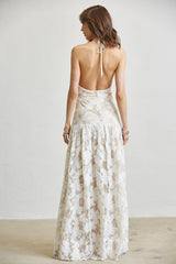 Shaggy Flower Lace Halter Maxi Dress