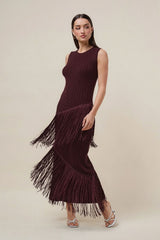 Burgundy Asymmetric Fringe Maxi Dress