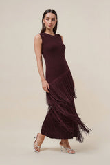 Burgundy Asymmetric Fringe Maxi Dress
