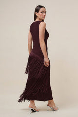 Burgundy Asymmetric Fringe Maxi Dress