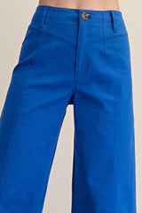 High Waist Front Yoke Seam Stretch Wide Leg Pants Blue