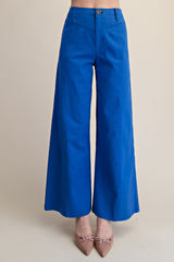 High Waist Front Yoke Seam Stretch Wide Leg Pants Blue