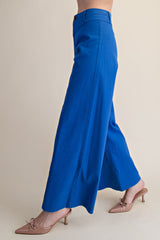 High Waist Front Yoke Seam Stretch Wide Leg Pants Blue