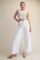 High Waist Front Yoke Seam Stretch Wide Leg Pants White