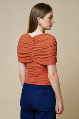 Asymmetrical Ruched Mesh Top in Desert Rust