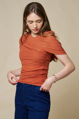 Asymmetrical Ruched Mesh Top in Desert Rust